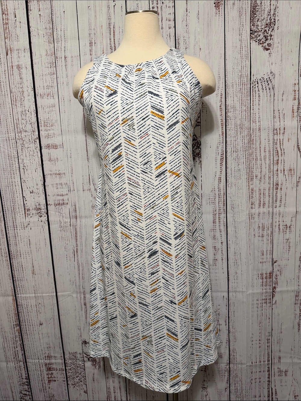 Prana White Midi Dress with Mustard & Gray Chevron Print